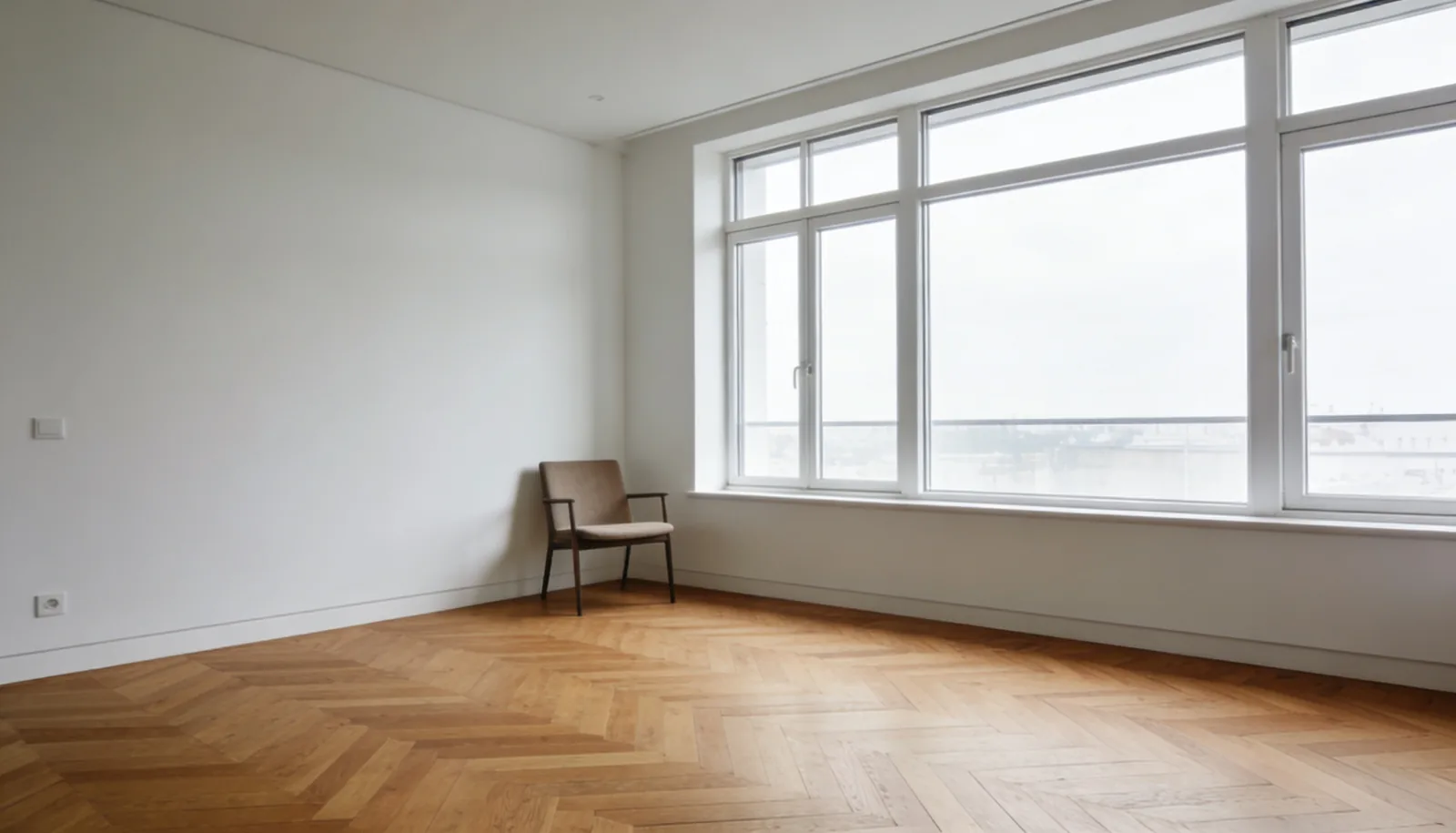 Leerer Wohnraum mit Eichenparkett vor Übergabe